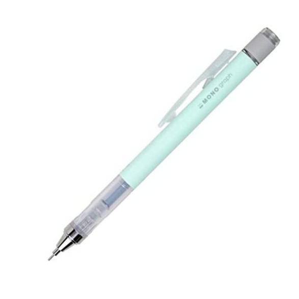 An image of a mint monograph pencil with a transparent pencil grip section and pencil clip