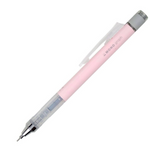 An image of a light pink monograph pencil with a transparent pencil grip section and clip