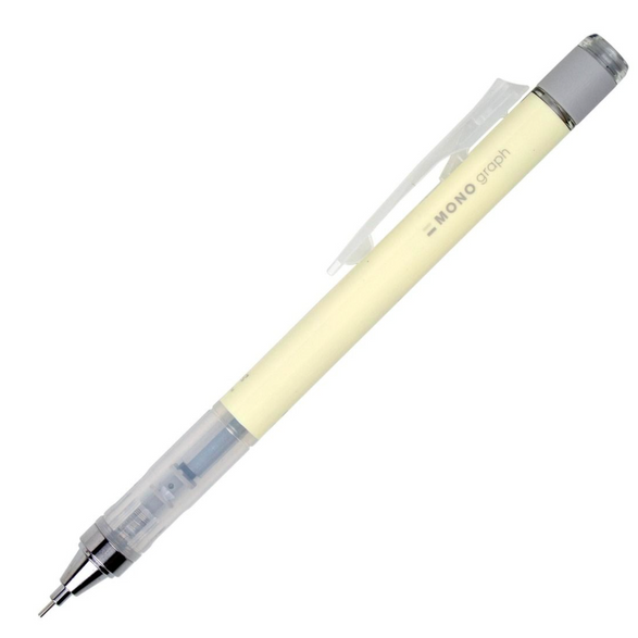 An image of a pastel yellow monograph pencil with a transparent pencil grip section and pencil clip