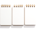 An image of three open small reporter notebooks with graph, lined and blank paper