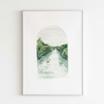 8x10 Watercolor Art Print: Arch Town Lake