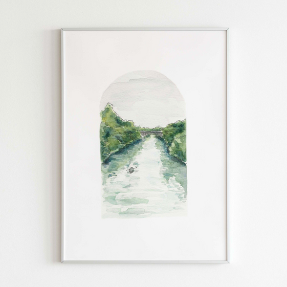 8x10 Watercolor Art Print: Arch Town Lake